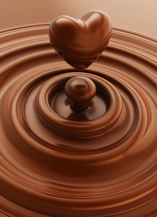 Heart symbol made of liquid chocolate Dark chocolate heart symbol as a liquid drop background illustration